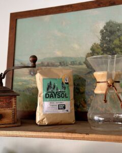 A bag of Daysol Coffee Lab sits on a wooden shelf between a vintage coffee grinder and a Chemex coffee maker. A framed landscape painting with soft green and blue tones hangs behind the display.